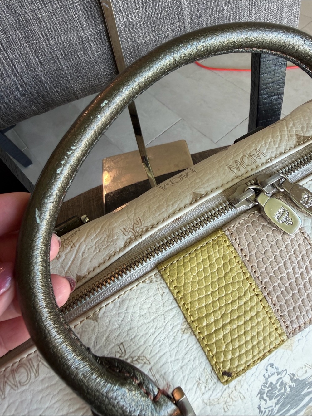 MCM White Leather Satchel with Multicolor Patch Accents - Picture 9 of 13